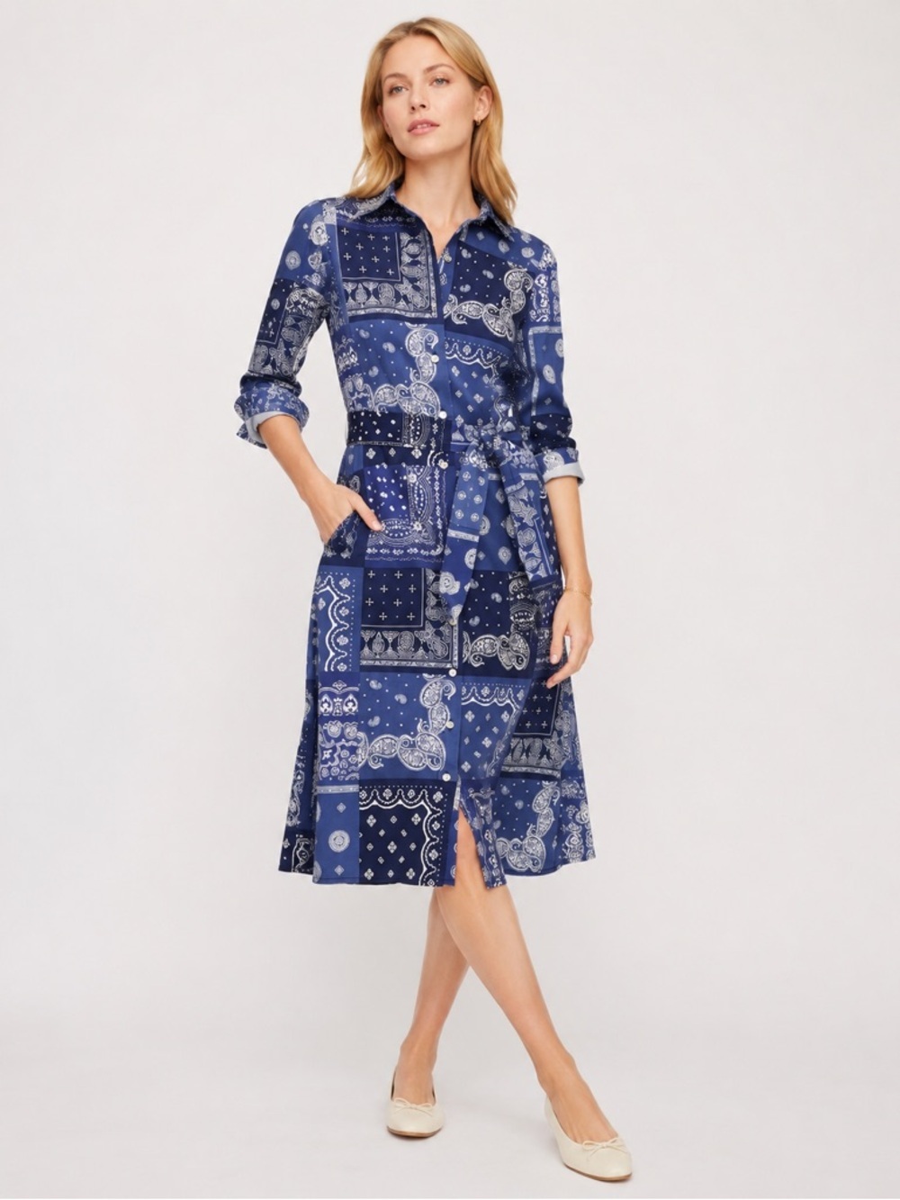 Talbots Paisley Floral Blue Bandana Midi Shirt Dress Long Sleeves Western 14P - Picture 3 of 8